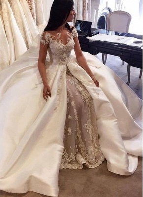 Gorgeous Ball Gown Lace Appliques Wedding Dress Short Sleeve Illusion LP076_1