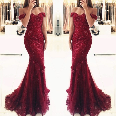 Appliques Off-the-shoulder Red Lace Gorgeous Mermaid Evening Dress UK_6
