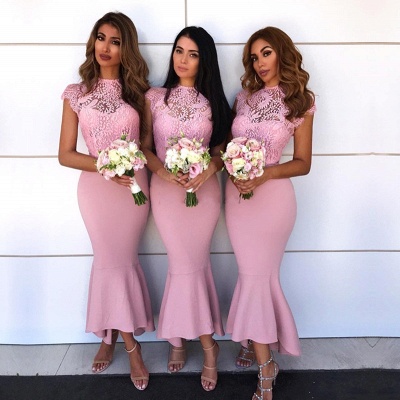 Pink Mermaid Bridesmaid Dress UK | Lace Cap Sleeve Wedding Reception Dress UK_3