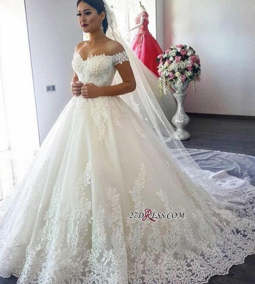 Short Sleeve A-Line Applique Lace Off-the-Shoulder Wedding Dress_3