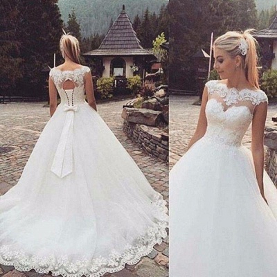Lace-Up Back Capped-Sleeves Ball Gown Bow Wedding Dresses UK_2