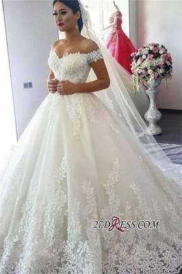 Short Sleeve A-Line Applique Lace Off-the-Shoulder Wedding Dress_4