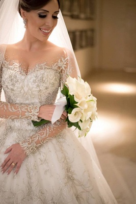 Luxurious Long Sleeve Beadss Wedding Dress Long Train Tulle WE0082_1