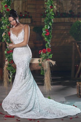 V-Neck Sexy Mermaid Wedding Dresses UK Long Unique Lace Ope Back Tulle Straps Bridal Gowns_4