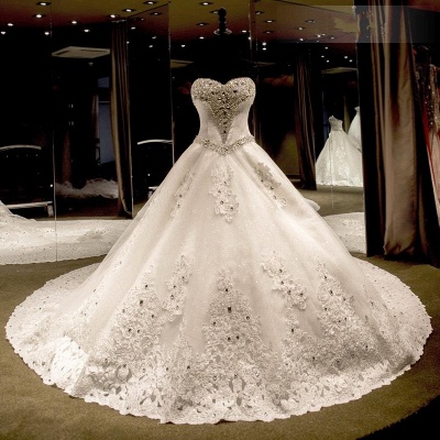 Glamorous Ball Gown Wedding Dresses UK Sweetheart Neck Crystals Lace-up Back Cathedral Train Bridal Gowns_3