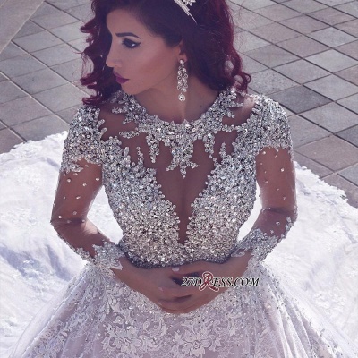 Glamorous Muslim Lace Beads Sheer Cathedral-Train Crystal Vintage Wedding Dress BA6920_3