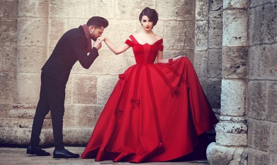 Red Bowknot Ball Gown Evening Dress UK Off-the-shoulder Floor-length_3