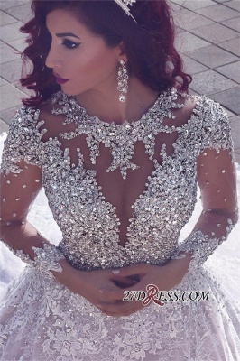 Glamorous Muslim Lace Beads Sheer Cathedral-Train Crystal Vintage Wedding Dress BA6920_4