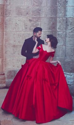 Red Bowknot Ball Gown Evening Dress UK Off-the-shoulder Floor-length_1