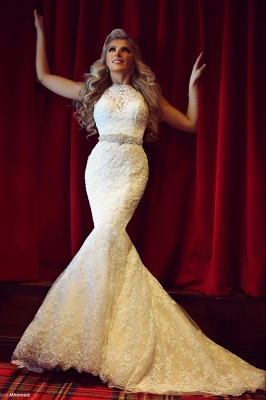 Gorgeous Lace Sexy Mermaid Wedding Dresses UK Beadss Sweep Train Bridal Gowns with Bottons_1