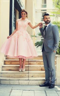 Lovely High Neck Cap Sleeve Prom Dress UK Pink With Flowers_3