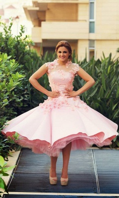 Lovely High Neck Cap Sleeve Prom Dress UK Pink With Flowers_2