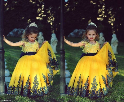 Lovely Yellow Appliques Flower Girl Dresses Floor Length Pageant Dresses_2
