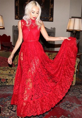 Elegant High Neck Sleeveless Red Evening Dress UK Lace_1
