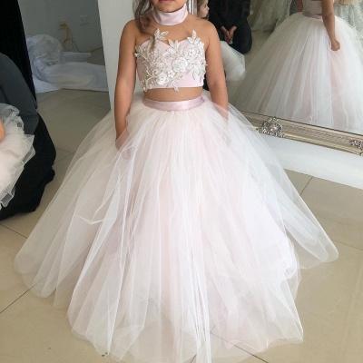 Flower Lovely Two-Pieces Sweetheart Tulle Pink Appliques Girl Dresses_5