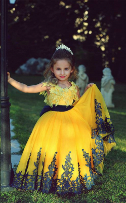 Lovely Yellow Appliques Flower Girl Dresses Floor Length Pageant Dresses_1