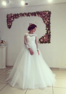 Stunning Long Sleeve Lace Wedding Dress Princess Tulle Zipper Back_1