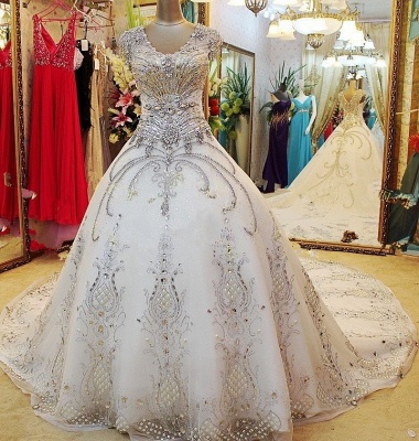 Luxurious White Crystal Ball Gown Wedding Dresses UK Court Train Foraml Sparkling Bridal Gowns with Beadss_2
