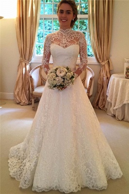 Elegant Lace A-line Wedding Dress Long Sleeve High Neck_2