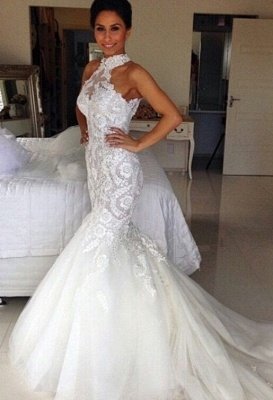 Delicate Halter Tulle Sexy Mermaid Wedding Dress With Lace Appliques_1