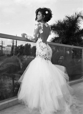 Delicate Long Sleeve Tulle Sexy Mermaid Wedding Dress With Appliques_1