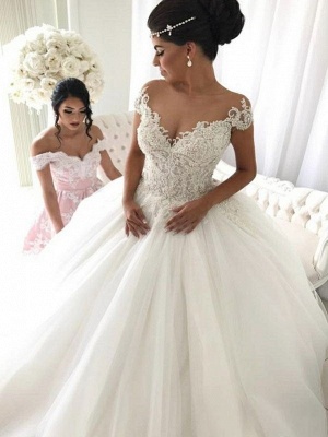 Elegant Ball Gown Sleeveless Wedding Dresses UK Off-the-Shoulder  V-Neck Bridal Gowns_1