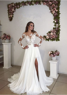 Elegant Long Sleeve Lace Wedding Dress With Split | 27dress.co.uk