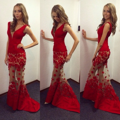 Elegant Red V-Neck Mermaid Prom Dress UKes UK Sheer Skirt long Lace_3
