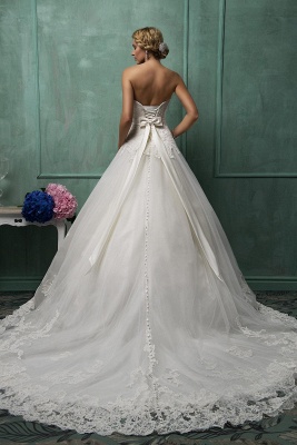 Elegant Sweetheart Sleeveless Tulle Wedding Dress With Lace Appliques Bow_2