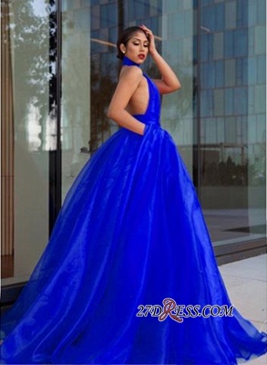 Royal-Blue Tulle Evening Dress UK | High-Neck Prom Dress UK_1