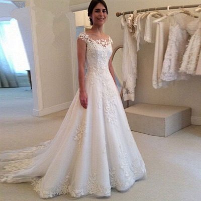 Elegant Cap Sleeve Lace Appliques Wedding Dresses UK A-Line Zipper Button Bridal Gowns_3