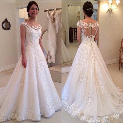 Elegant Cap Sleeve Lace Appliques Wedding Dresses UK A-Line Zipper Button Bridal Gowns_4