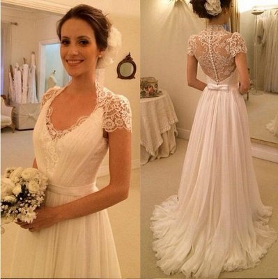 Elegant Scoop Neckline Cap Sleeve  Wedding Dress With Lace_2
