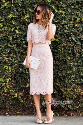 Cute Two-Piece Short-Sleeve Fashion Pink Lace Short Homecoming Dress UKes UK BA6003_2