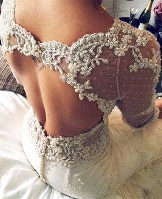 Gorgeous 3/4 Sleeve Fill Lace Wedding Dress Sexy Mermaid With Feather_1