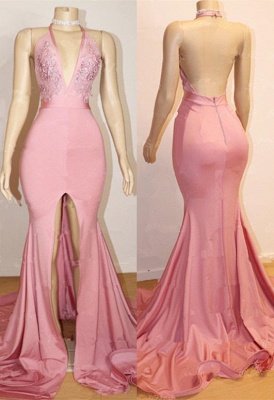 Sexy Pink Prom Dress UK | Backless Lace Evening Gown With Slit BA9087_1