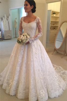 Elegant Puffy Lace Buttons Squared Long-Sleeve Court-Train Wedding Dress_1
