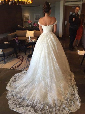 Elegant Princess Sequined Tulle Wedding Dress Lace Appliques Off-the-shoulder JT120_1