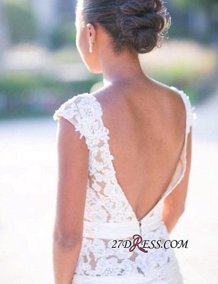 Appliques Tulle Sexy Mermaid Cap-Sleeves Open-Back White Wedding Dress_3