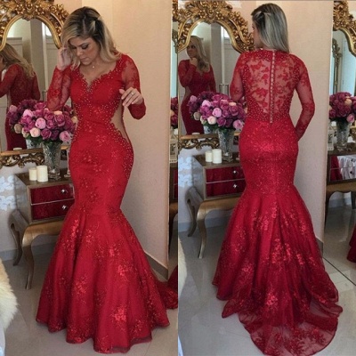 Sexy Long Sleeve Red Evening Dress UK Lace Beads Mermaid Party Dress UK BMT_4