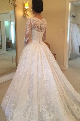 Elegant Puffy Lace Buttons Squared Long-Sleeve Court-Train Wedding Dress_2