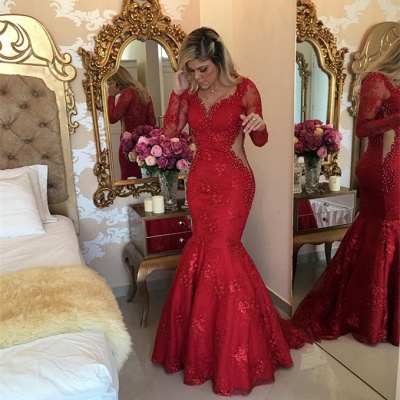 Sexy Long Sleeve Red Evening Dress UK Lace Beads Mermaid Party Dress UK BMT_3