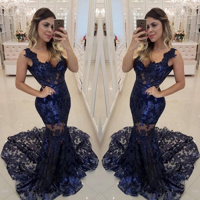 Modern Beading Lace Mermaid Straps Evening Dress UK | Dark Navy Party Gown_3
