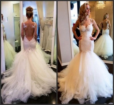 Fashion Sweetheart Sleeveless Wedding Dress Lace Sexy Mermaid Tulle Bridal Gowns_3