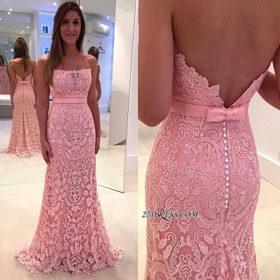 Luxury Lace Zipper Mermaid Pink Pearls Strapless Prom Dress UK_1