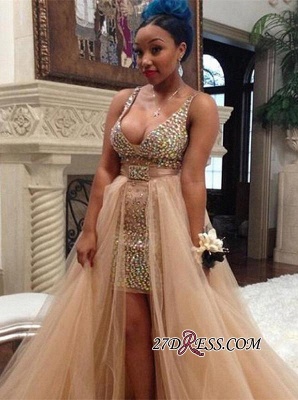 Hi-Lo Crystals Sleeveless V-neck Elegant Tulle Straps Prom Dress UK BK0_2