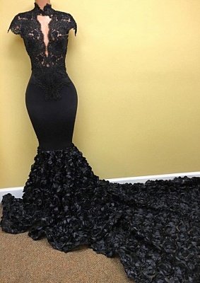 Amazing Black Cap Sleeve Prom Dress UK Lace Flowers Bottom Long Train_1
