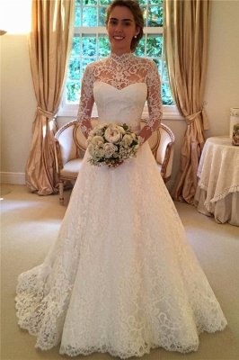 Elegant Lace A-line Wedding Dress Long Sleeve High Neck_1
