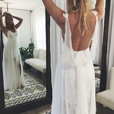Chic Backless Lace Wedding Dresses UK Simple Side Slit Spaghetti -Strap Bridal Gowns_4
