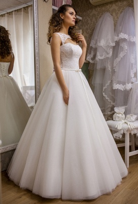 Modern Bateau Sleeveless Tulle Lace Wedding Dress Floor-length Lace-Up_1